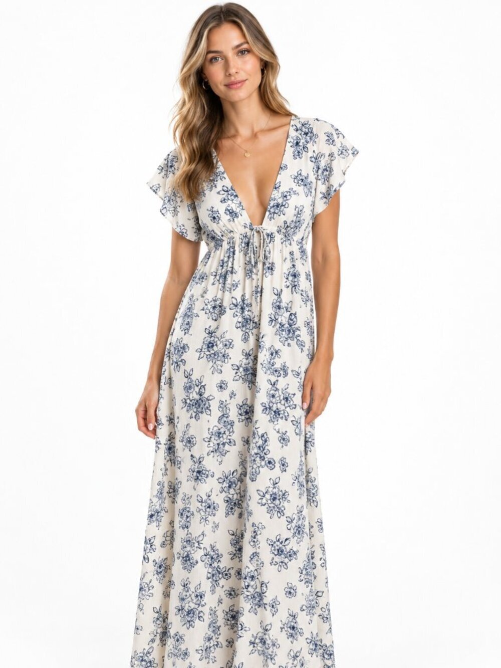 Kylie Paige LA Women's White & Blue Floral Maxi Dress Empire Waist Large L NWTs